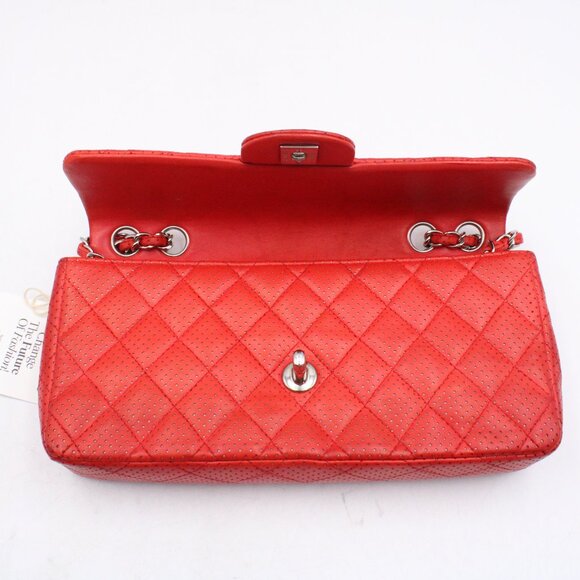 Pre-Owned, Restored CHANEL Perforated Leather Flap Shoulder Bag in Red/Silver - Picture 7 of 16